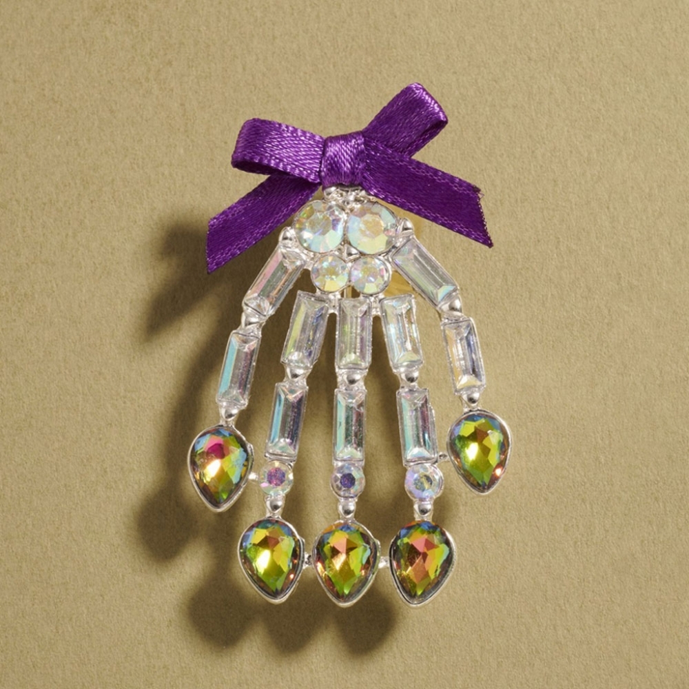 Abalone Silver Skeleton Hand Brooch 2.1" Crystal Glass Stone Bow Pin Accessory